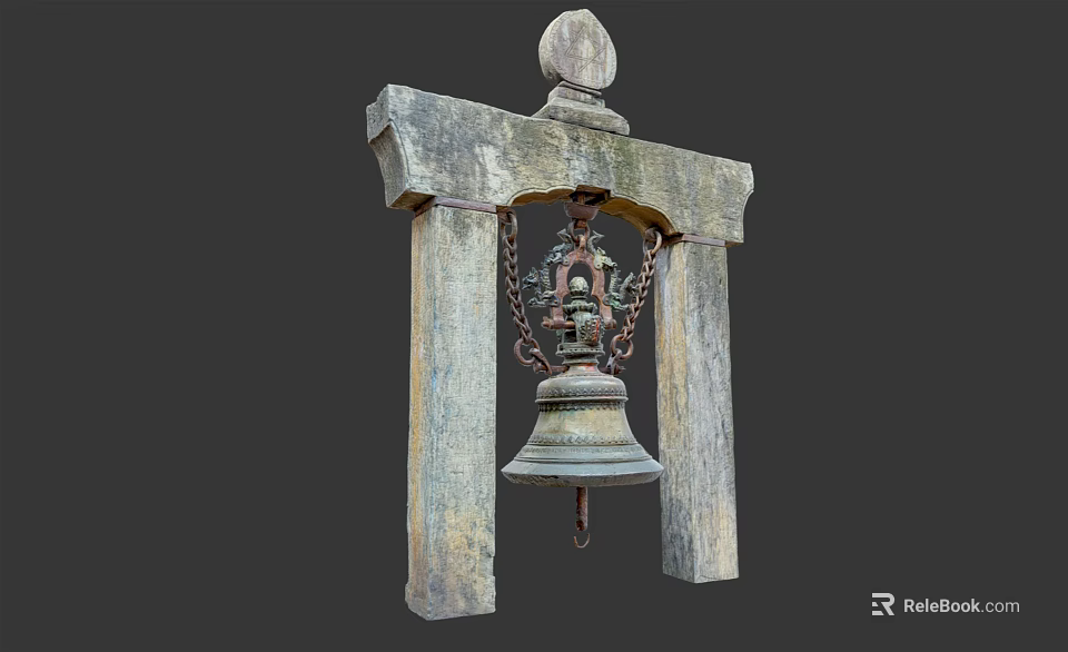 Ancient Bronze Bell Hanging On Stone Frame As Traditional Musical Instrument Decor 3d model 