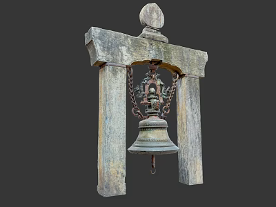 Ancient Bronze Bell Hanging On Stone Frame As Traditional Musical Instrument Decor 3d model