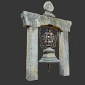 Ancient Bronze Bell Hanging On Stone Frame As Traditional Musical Instrument Decor