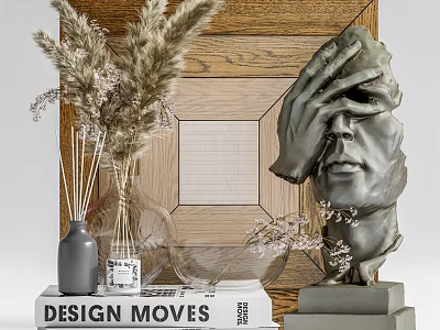 Stylish Decorative Ornaments Set with Sculpture Pampas Grass Diffuser Wooden Frame and Design Books 3d model