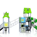 Colorful Playground Equipment With Green Slide Black Tunnel And House Shaped Structures
