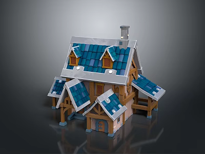 Fairy Tale Themed Small House Model With Blue Tiled Roof Chimney And Wooden Accents 3d model