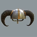 Medieval Helmet With Large Curved Horns Metallic Silver Surface And Intricate Golden Patterns