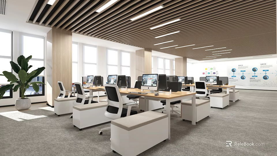 Modern Public Office Space With Workstations Computers White Desks And Ceiling Lighting 3d model 