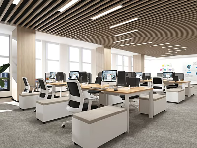 Modern Public Office Space With Workstations Computers White Desks And Ceiling Lighting 3d model