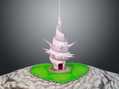 Cartoon Scene Featuring Pink Spired Tower With Spiked Decorations On Green Grass And Stone Ground 3d model