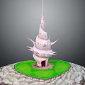 Cartoon Scene Featuring Pink Spired Tower With Spiked Decorations On Green Grass And Stone Ground