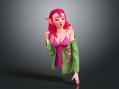 Pink Haired Elf Character Holding Small Bird Wearing Purple Camisole And Green Coat 3d model