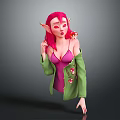Pink Haired Elf Character Holding Small Bird Wearing Purple Camisole And Green Coat