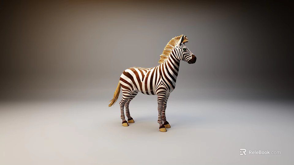 Realistic 3D Model Standing Zebra with Black White Stripes and Yellow Mane 3d model