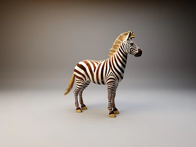 Realistic 3D Model Standing Zebra with Black White Stripes and Yellow Mane 3d model