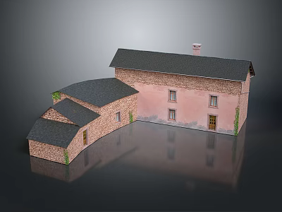Traditional House Architectural Model with Pink Brick Walls Gray Roof Chimney and Greenery 3d model