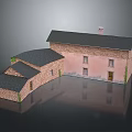 Traditional House Architectural Model with Pink Brick Walls Gray Roof Chimney and Greenery