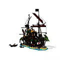 Detailed Building Blocks Pirate Ship With Black Hull Red Sails Palm Tree And Island