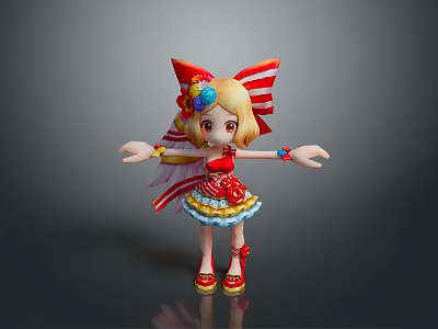 Woman With Blonde Hair Large Red Bow Colorful Flowers Red Top And Outstretched Arms 3d model