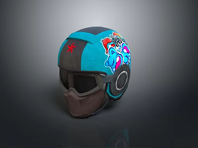 Stylish Blue Tactical Helmet With Red Star And Colorful Side Patterns Design 3d model