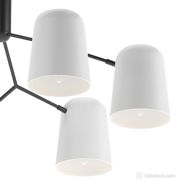 Modern Three Light Chandelier Featuring White Cone Shaped Shades And Black Metal Frame 3d model 