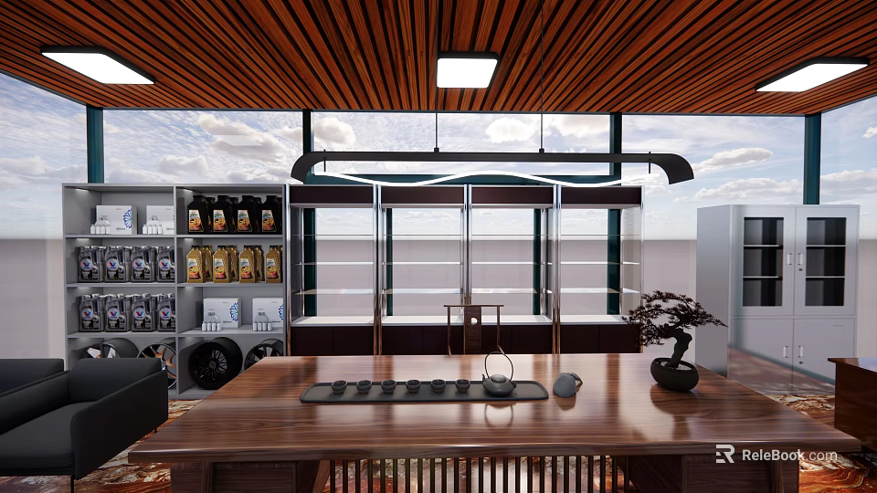 Modern Tea Room Interior With Wooden Ceiling Large Windows Wooden Table And Tea Product Shelves 3d model 