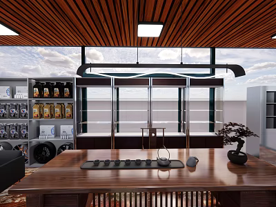 Modern Tea Room Interior With Wooden Ceiling Large Windows Wooden Table And Tea Product Shelves 3d model