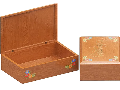 Open Solid Wooden Box with Colorful Floral Decorations and Closed Lid Design 3d model