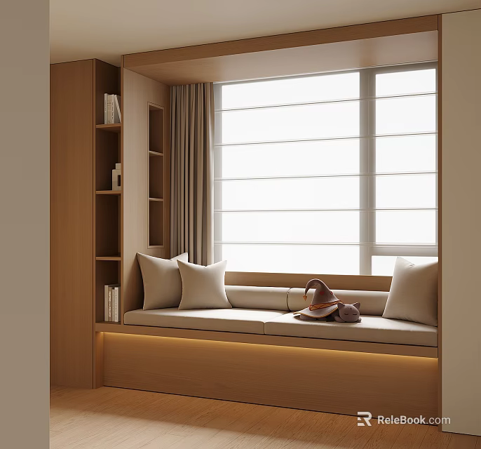 Modern Wooden Window Seat Cabinet with Bench Pillows Shelves and Curtains 3d model 