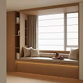 Modern Wooden Window Seat Cabinet with Bench Pillows Shelves and Curtains