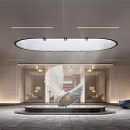 Modern Exhibition Hall Interior Featuring Glass Curtain Wall Sofa Green Plant And Reflective Floor