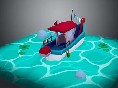 Small Boat With Red Roof And Flags Sailing On Water Surface With Lily Pads And Stones 3d model