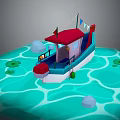 Small Boat With Red Roof And Flags Sailing On Water Surface With Lily Pads And Stones