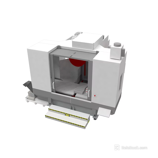 Industrial CNC Machining Center with White Open Workspace Red Component and Yellow Black Warning Strips 3d model 