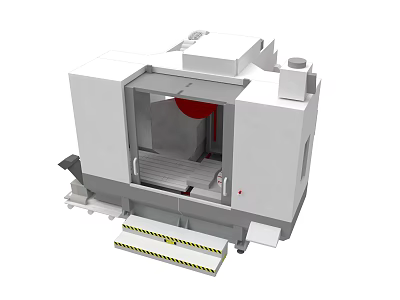 Industrial CNC Machining Center with White Open Workspace Red Component and Yellow Black Warning Strips 3d model