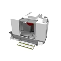 Industrial CNC Machining Center with White Open Workspace Red Component and Yellow Black Warning Strips