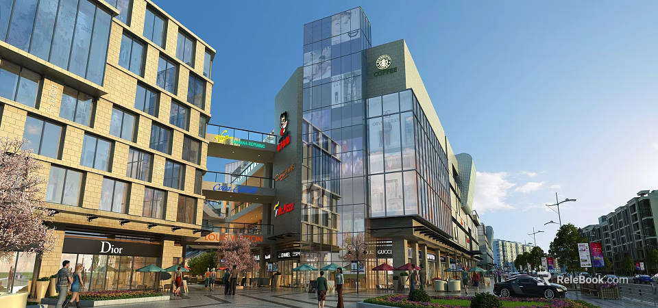 Vibrant Commercial Street With Glass Buildings Starbucks Shops Pedestrians Trees And Greenery 3d model 