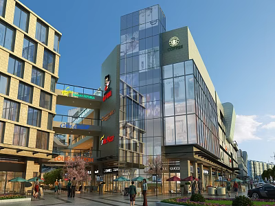 Vibrant Commercial Street With Glass Buildings Starbucks Shops Pedestrians Trees And Greenery 3d model