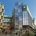 Vibrant Commercial Street With Glass Buildings Starbucks Shops Pedestrians Trees And Greenery