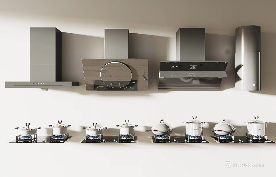 Modern Kitchen Appliances Display With Range Hoods And Gas Cooktops Arranged Neatly 3d model 