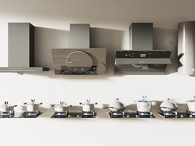 Modern Kitchen Appliances Display With Range Hoods And Gas Cooktops Arranged Neatly 3d model