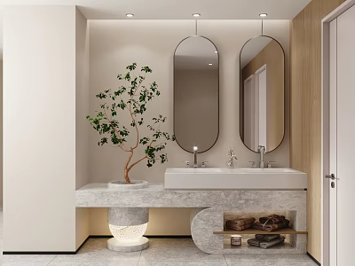 Light Colored Bathroom Design With Double Oval Mirrors Double Sinks Potted Plant And Wooden Elements 3d model