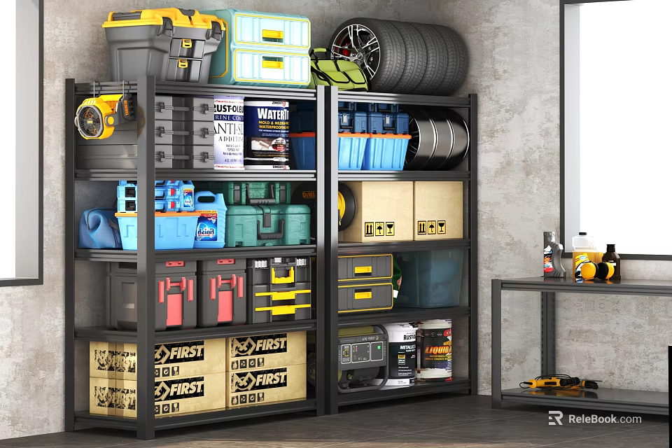 Industrial Equipment Organized Shelving Unit with Tools Storage Boxes Tires and Containers 3d model 