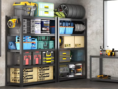 Industrial Equipment Organized Shelving Unit with Tools Storage Boxes Tires and Containers 3d model