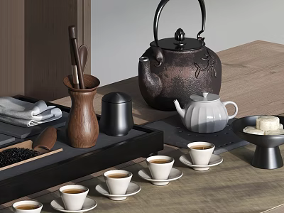 Elegant Tea Set with Teapot Teacups Wooden Accessories and Tray on Table 3d model