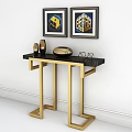 Elegant Modern Entryway Console Table With Gold Legs Black Top And Framed Artworks