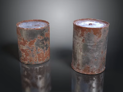 Rusty Metal Barrels With Worn Surface And Reflection On Black Glossy Base 3d model