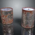 Rusty Metal Barrels With Worn Surface And Reflection On Black Glossy Base