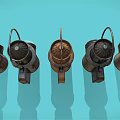 Vintage Multiple Candle Lanterns in Black and Brown With Handles on Light Blue Background