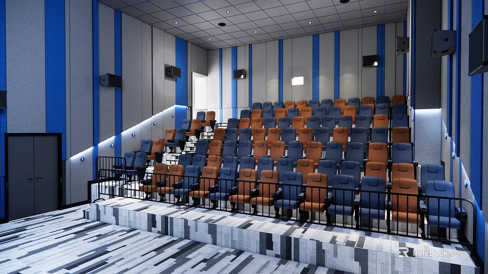Modern Cinema Interior With Blue And Orange Stepped Seats And Striped Walls 3d model 
