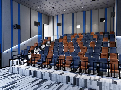 Modern Cinema Interior With Blue And Orange Stepped Seats And Striped Walls 3d model