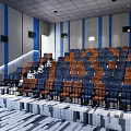 Modern Cinema Interior With Blue And Orange Stepped Seats And Striped Walls