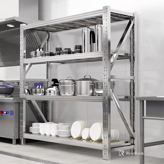 Stainless Steel Kitchen Cabinets With Shelves Holding Plates And Cookware 3d model 