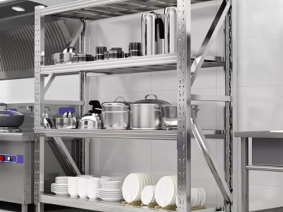Stainless Steel Kitchen Cabinets With Shelves Holding Plates And Cookware 3d model